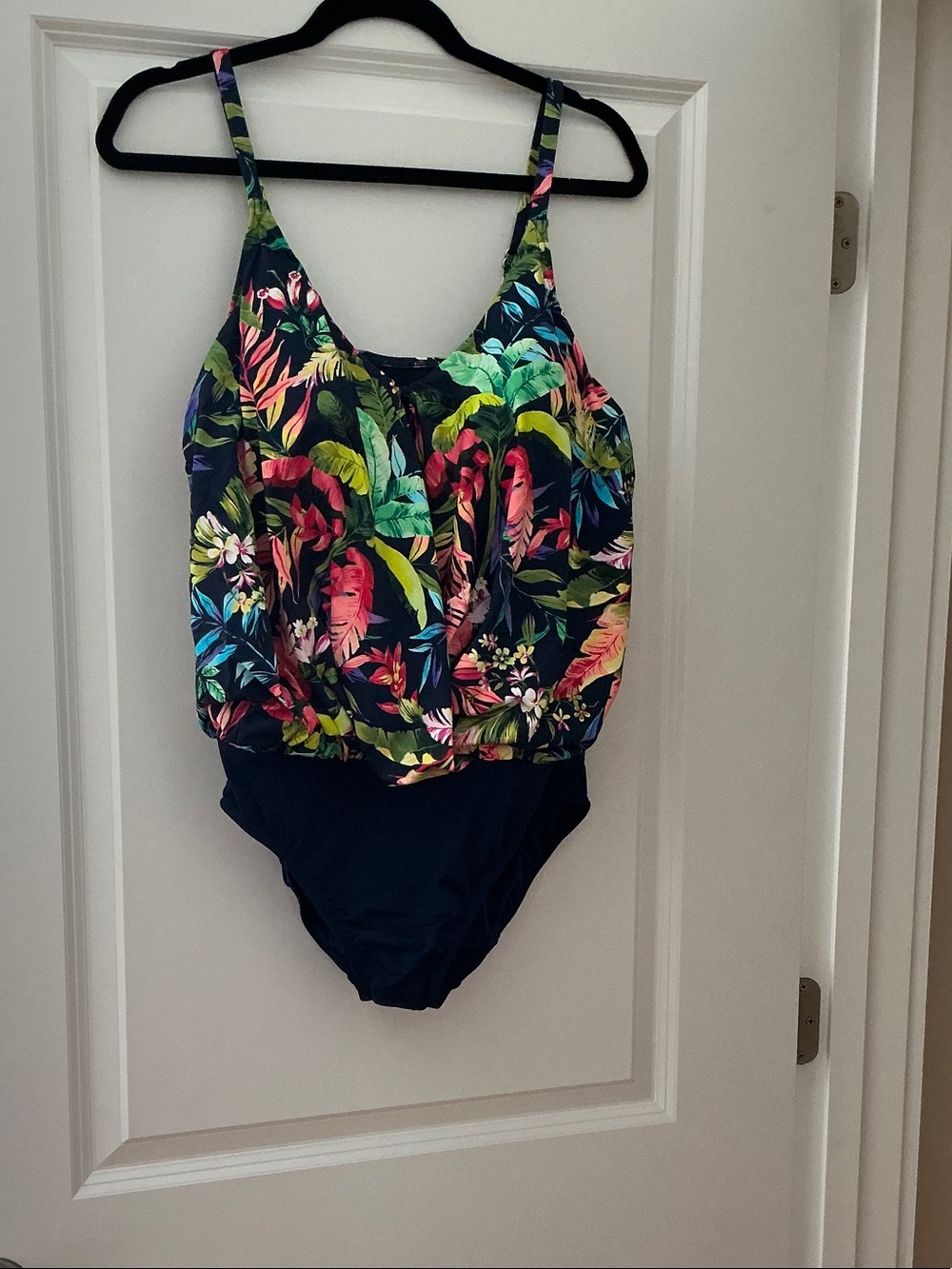 Lands' End Tropical Floral Navy One-Piece Swimsuit, Faux Tankini
